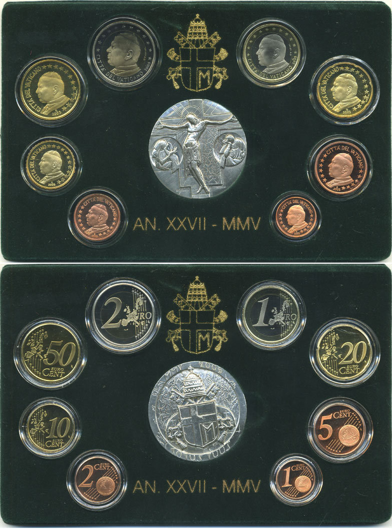 Ватикан евронабор из 8 монет + серебряная медаль 2005 Папа Иоанн Павел II, в оригинальной коробке, с сертификатом KM PS 18 биметалл PROOF 5-4-6-09
