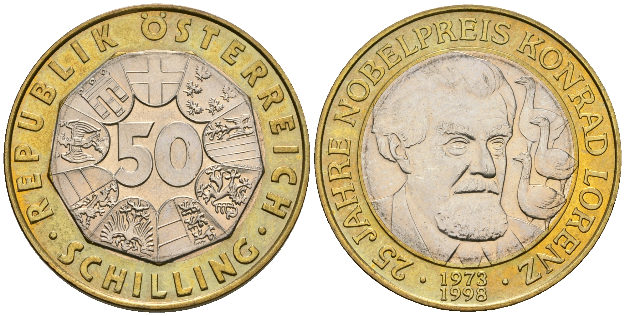 Австрия 50 шиллингов 1998 25 лет присуждению Нобелевской премии Конраду Лоренцу KM 3053 биметалл UNC 221-521