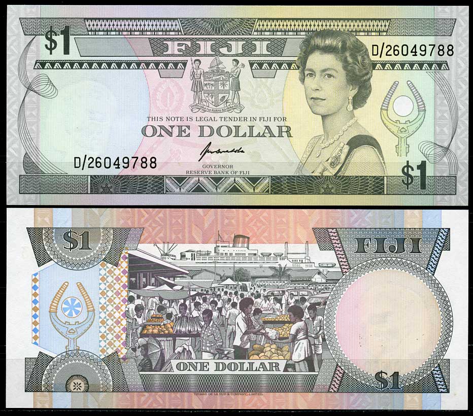 Фиджи 1 доллар ND (1993) Елизавета II (1952-2022), рынок, корабль Pick 89 a бумага UNC (пресс) 449-5-1