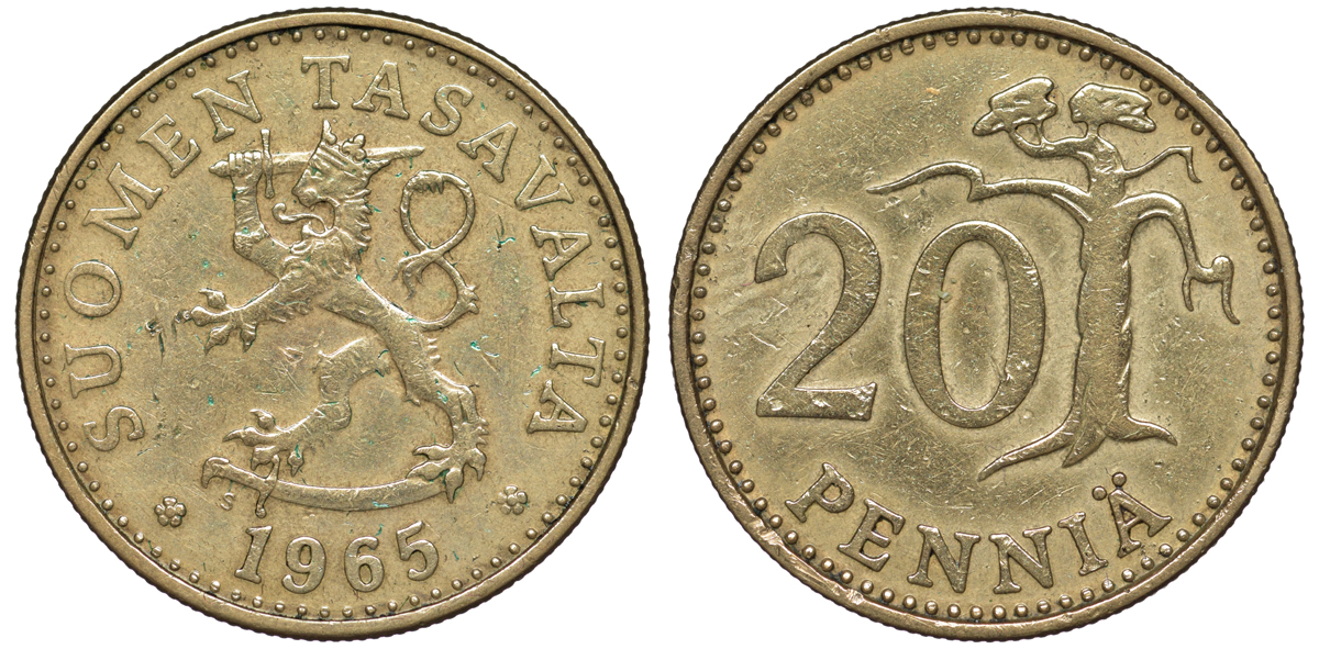 Финляндия 20 пенни 1965 S KM 47 алюминиевая бронза 259-522