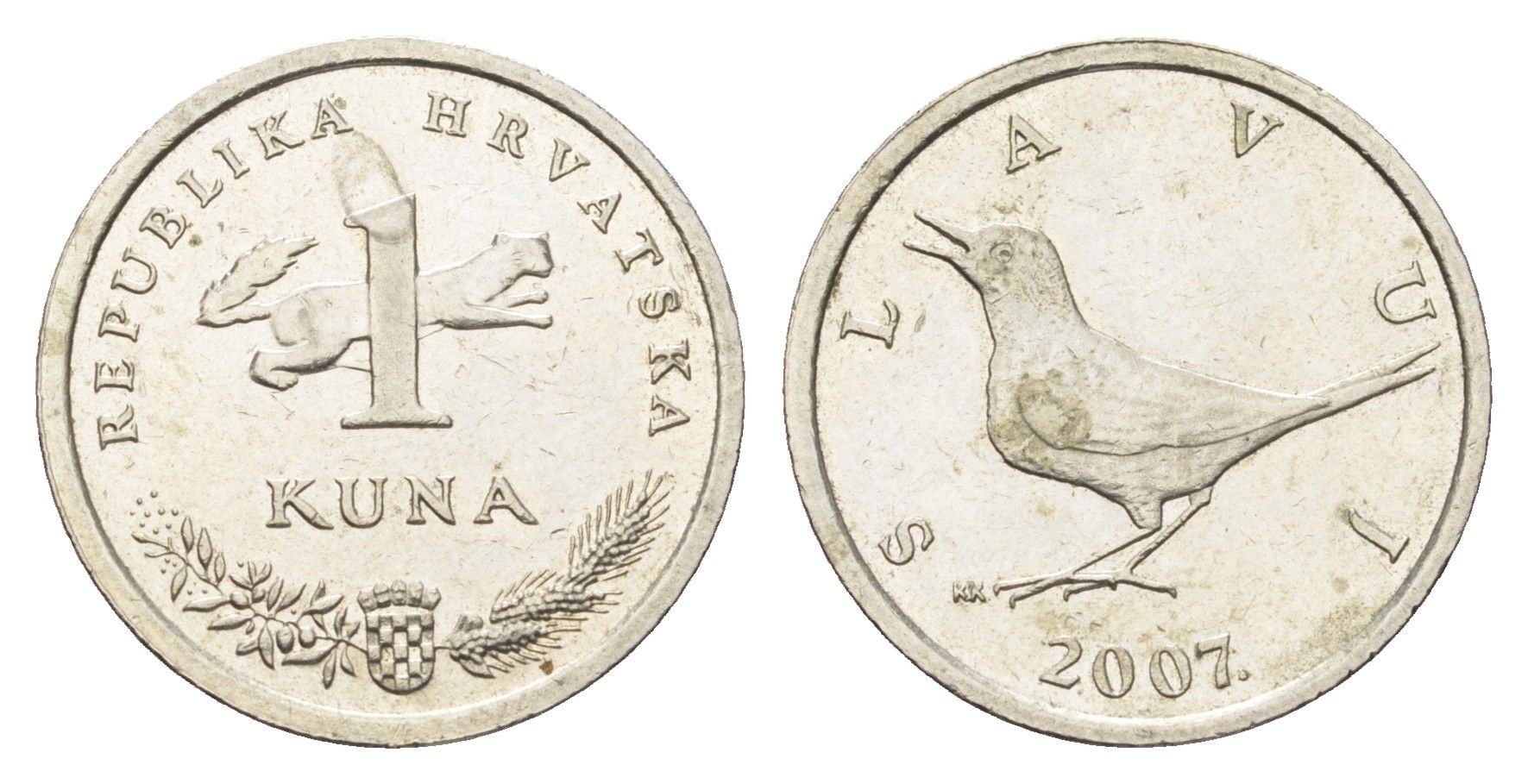 Хорватия 1 куна 2007 западный соловей, нечетный год KM 9.1 медь цинк никель aUNC 4659-734