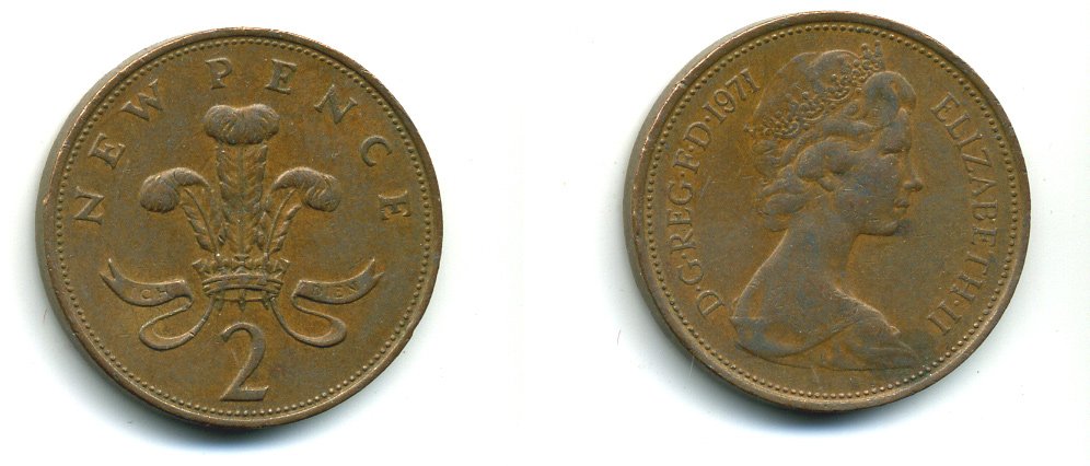 Великобритания 2 пенса 1971 Елизавета II (1952-2022) KM 916, Spink 4235 (C1) бронза 540-353