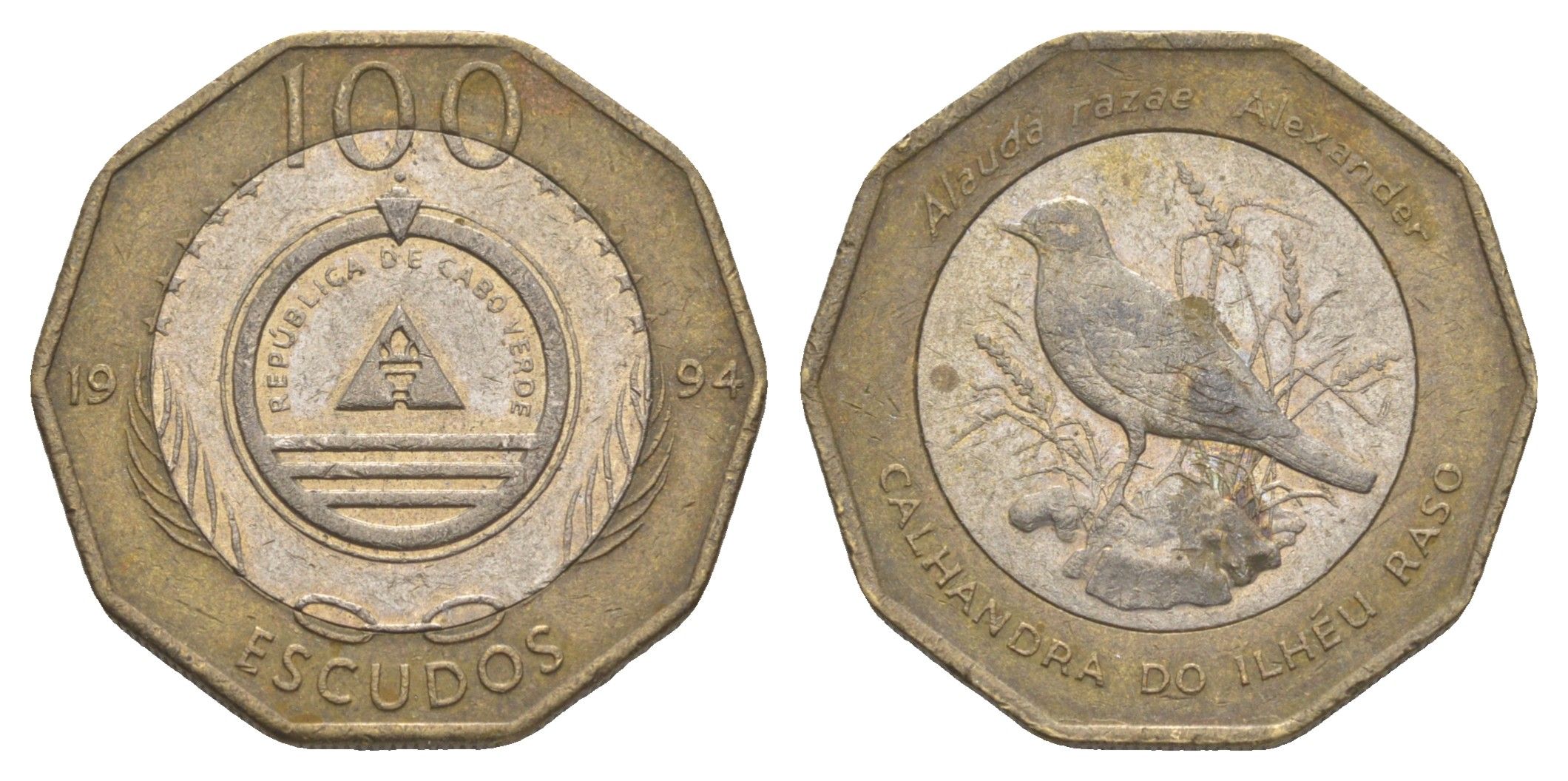 Кабо-Верде 100 эскудо 1994 Птицы - Alauda razae KM 39 биметалл UNC 4652-1044