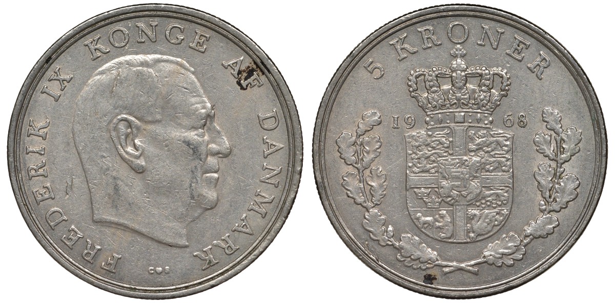 Дания 5 крон 1968 Фредерик IX (1947-1972) KM 853 медно-никель 4125-135