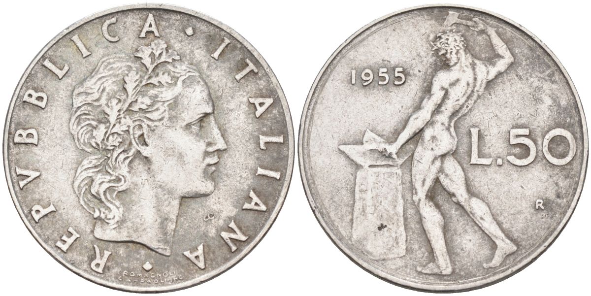 Италия 50 лир 1955 R, бог огня Вулкан у наковальни KM 95.1 нержавеющая сталь 4538-531