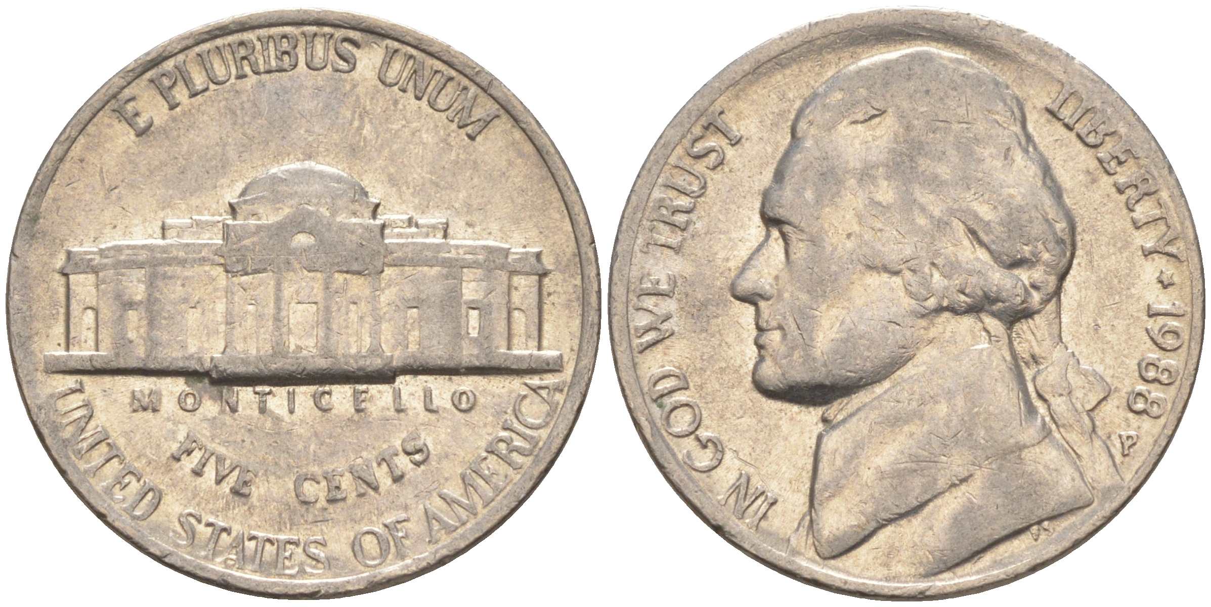 США 5 ЦЕНТОВ 1988 P, ДЖЕФФЕРСОН KM A192 медно-никель 4114-1112