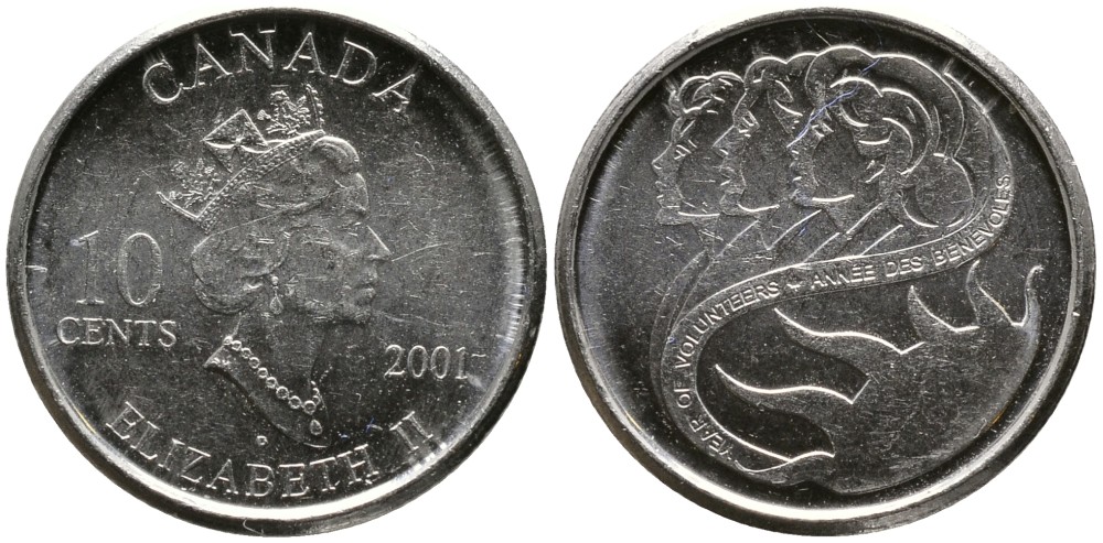 КАНАДА 10 ЦЕНТОВ 2001 ЕЛИЗАВЕТА II (1952-), ГОД ВОЛОНТЁРОВ, ТРЕТИЙ ПОРТРЕТ В КОРОНЕ KM 412 сталь плакированная никелем UNC 4532-849