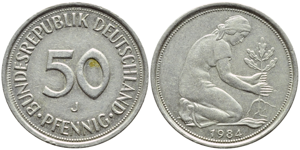 ФРГ 50 ПФЕННИГОВ 1984 J КМ 109.2 J.384a медно-никель 4392-1055