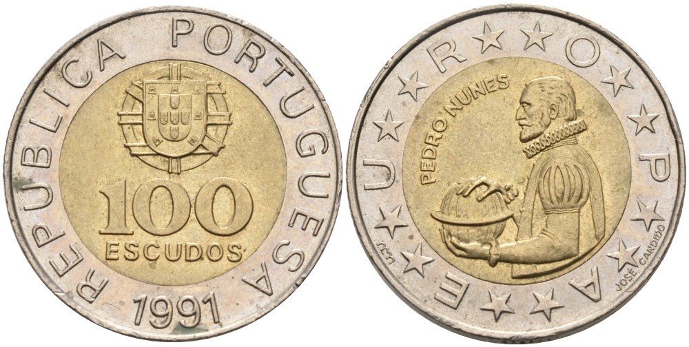 Португалия 100 эскудо 1991 Педру Нуниш (1502-1578), математик KM 645.1 биметалл 261-353