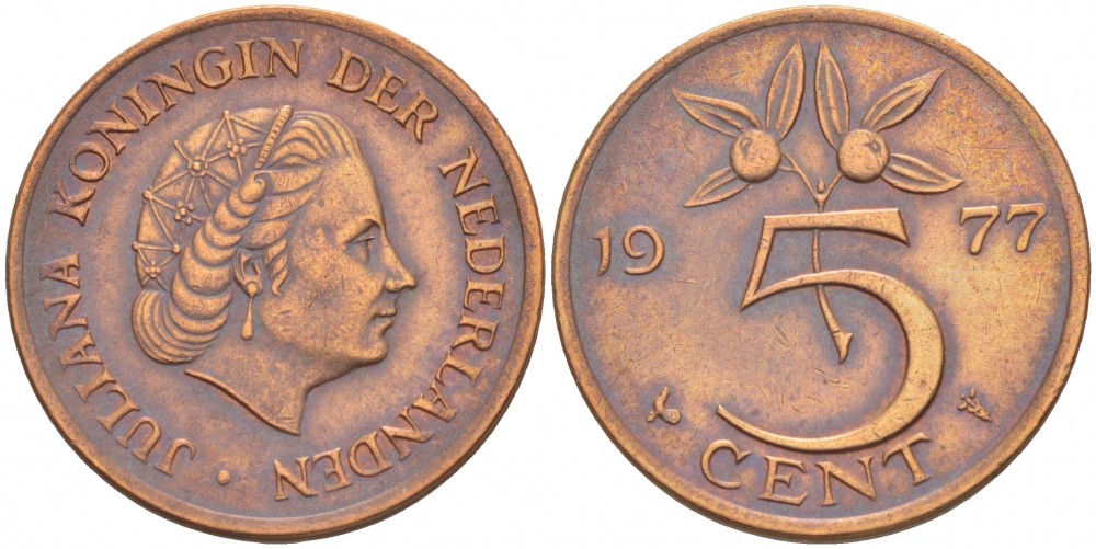 Нидерланды 5 центов 1977 Юлиана (1948-1980) KM 181 бронза 3856-1044