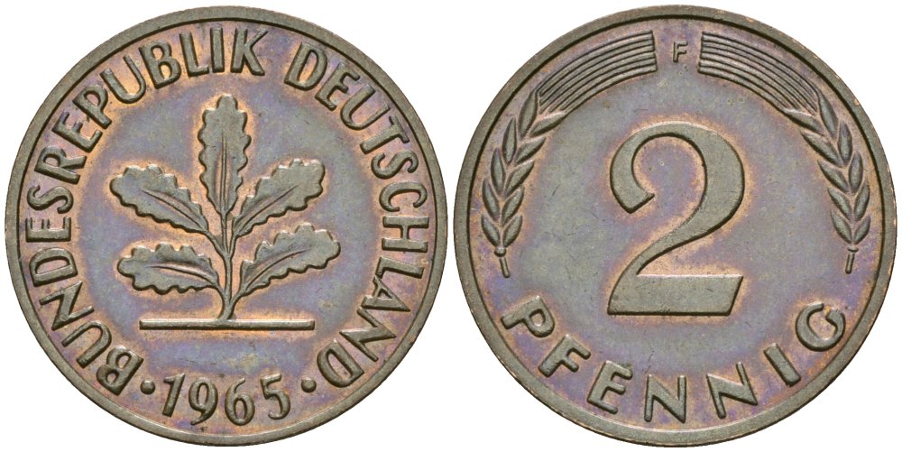 ФРГ 2 пфеннига 1965 F KM 106, J.381 бронза 4576-1019