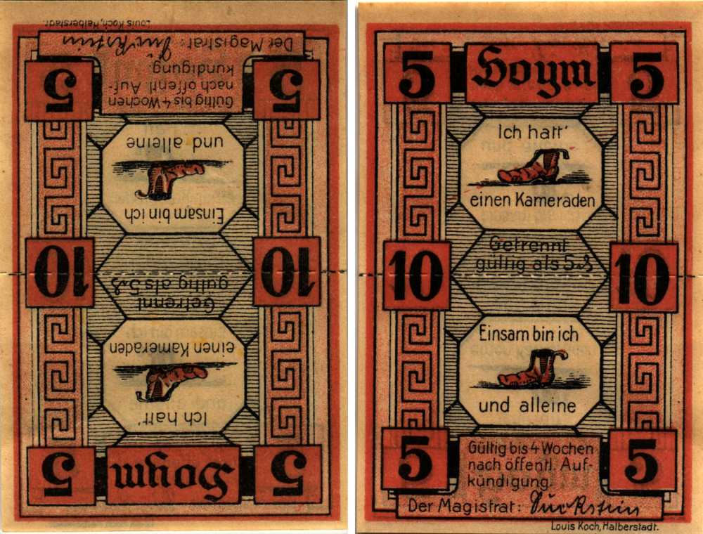 ХОЙМ 5 + 5 ПФЕННИГОВ 1921 НОТГЕЛЬД, ЗЕМЛЯ САКСОНИЯ-АНХАЛЬТ Grabowski 634.1 бумага 8608-10-3-2
