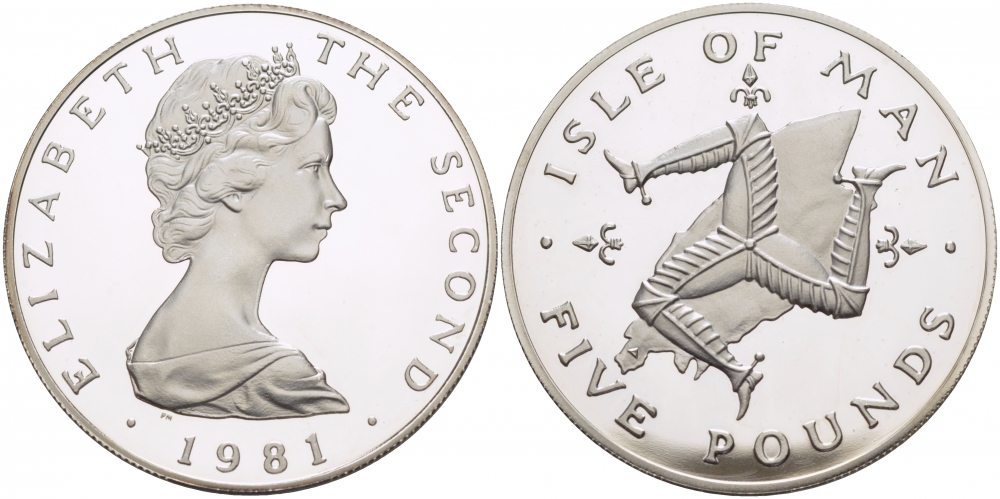 Остров Мэн 5 фунтов 1981 герб Мэна, Елизавета II (1952- ), тираж 500 экземпляров КМ 88a серебро PROOF 1081-9-22