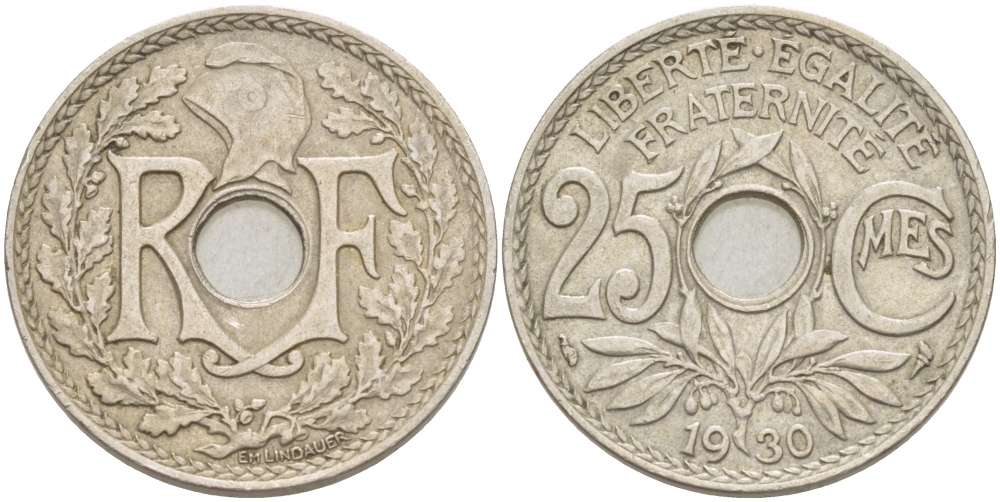 ФРАНЦИЯ 25 САНТИМОВ 1930 ТИП ЛАНДАЙЁ KM 867а, LE FRANC 171,14 медно-никель 4402-836