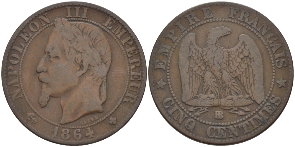 ФРАНЦИЯ 5 САНТИМОВ 1864 BB, НАПОЛЕОН III KM 797.2 бронза 28-635