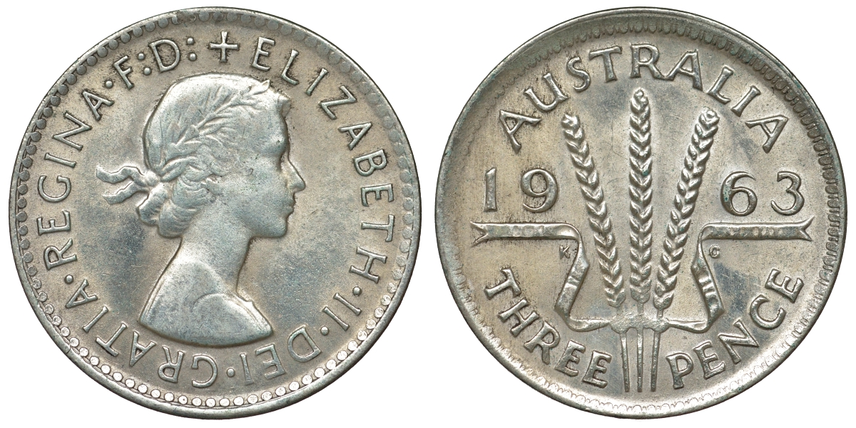 Австралия 3 пенса 1963 m, Елизавета II (1952-2022) KM 57 серебро 71-932