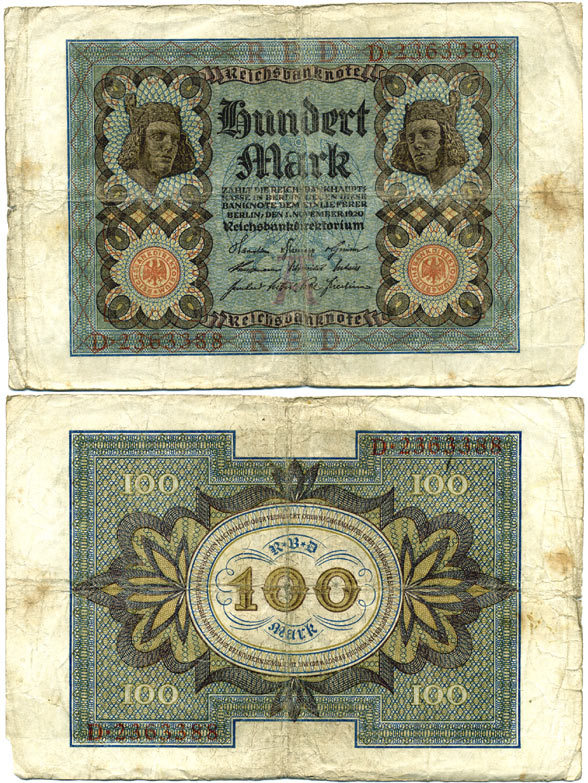 Германия 100 марок 1920 Бамбергский всадник, 7 цифр в номере Pick 69 a, Розенберг 67а  бумага 7457-10-2