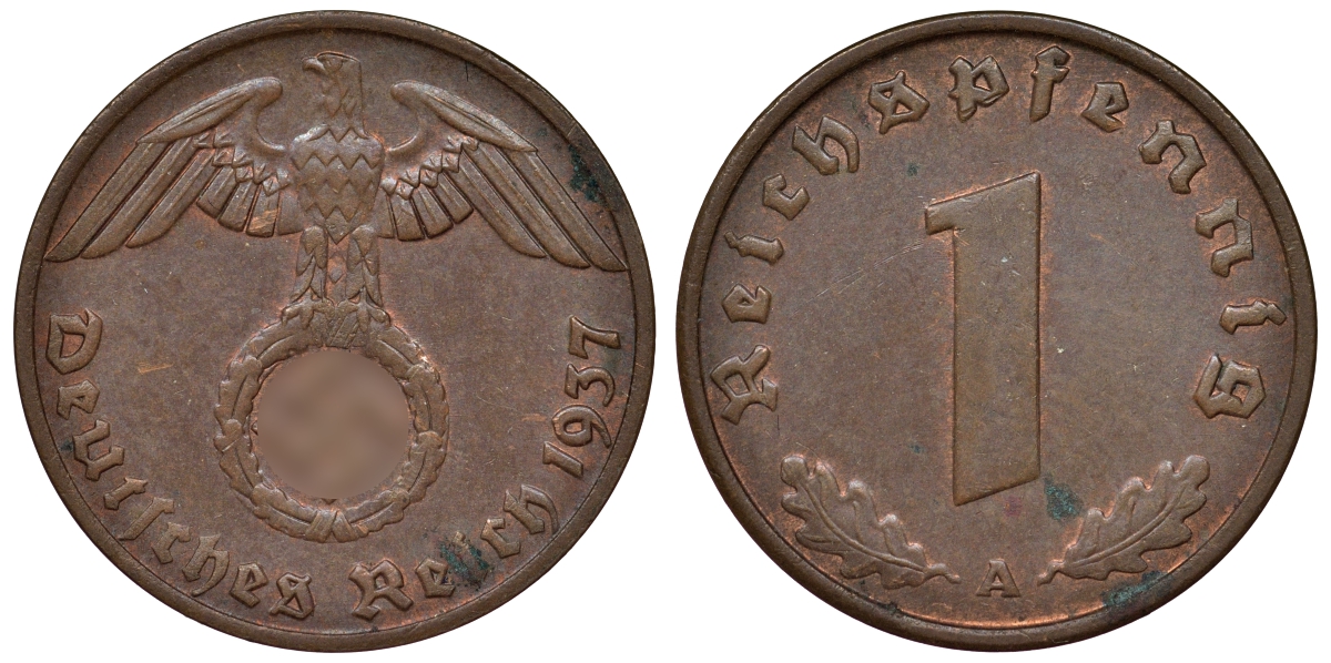 Германия 1 рейхспфенниг 1937 A KM 89, J. 361 бронза 4124-141