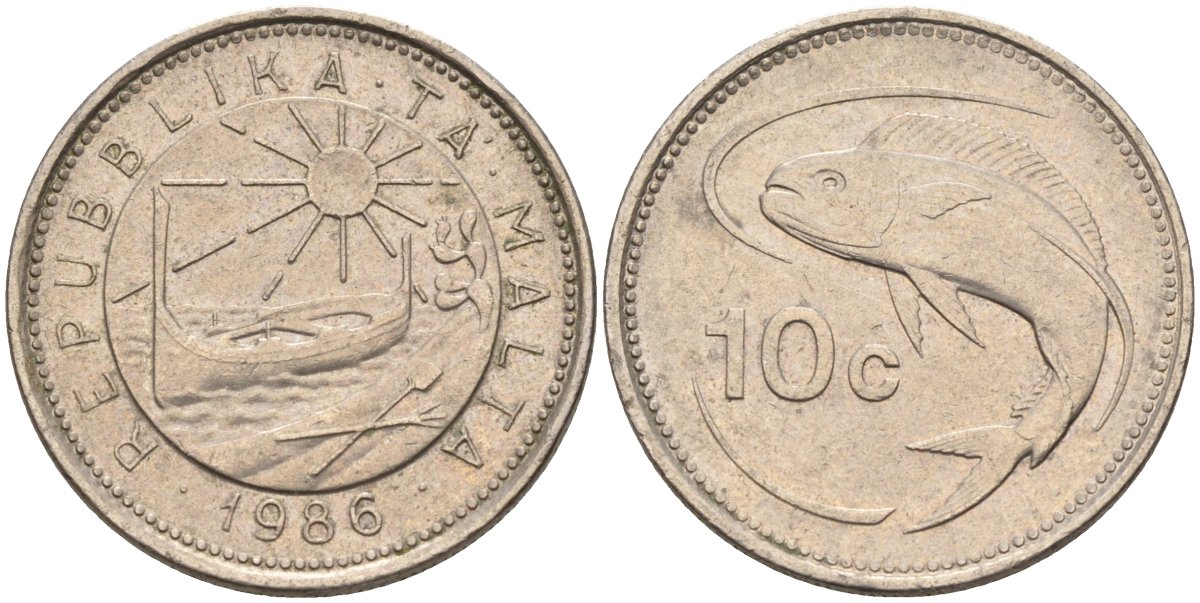 Мальта 10 центов 1986 золотая макрель KM 76 медно-никель 4588-161