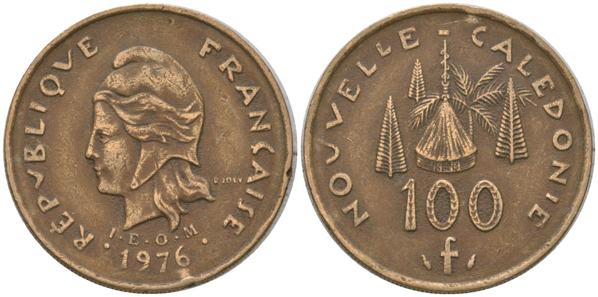 Французская Новая Каледония 100 франков 1976 хижина среди сосен и пальм, (IEOM) KM 15, Schoen 16, Lec 130 никель латунь 4137-542