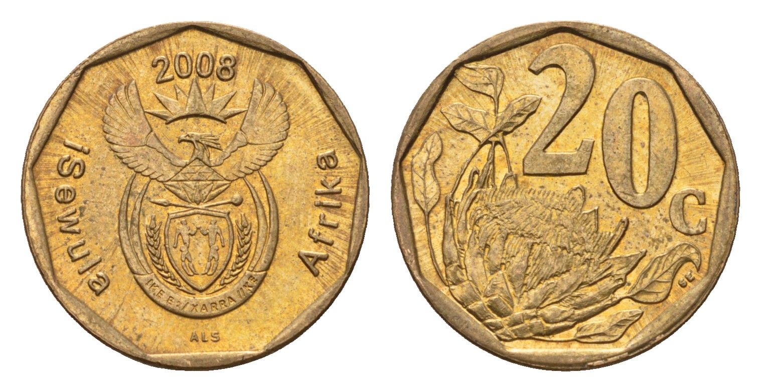 ЮАР 20 центов 2008 герб, цветок протея KM 442 сталь плакированная бронзой UNC 4687-632
