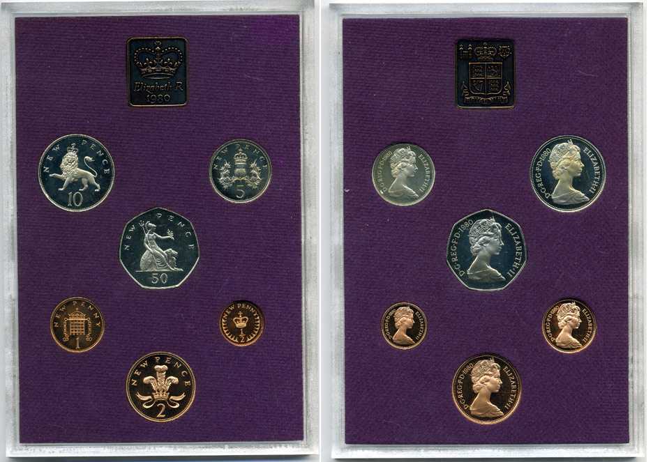 Великобритания официальный набор из 6 монет + жетон монетного двора 1980 в оригинальной пластиковой упаковке, с сертификатом KM PS 36 PROOF 3-6-4-20