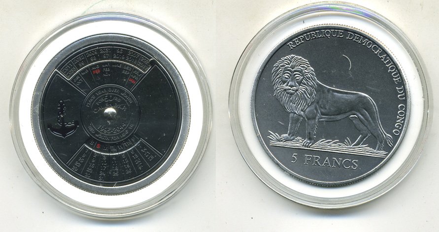 КОНГО 5 ФРАНКОВ 2004 ВЕЧНЫЙ КАЛЕНДАРЬ 1995-2044 KM 165 медно-никель UNC 3-1-3