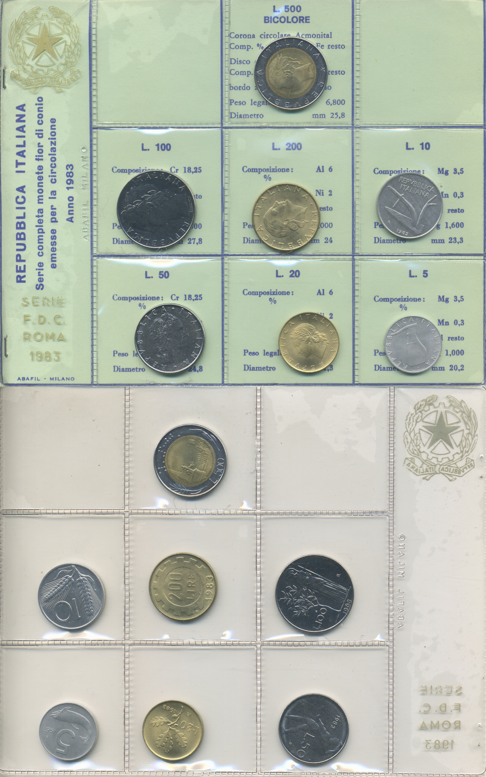 Италия набор из 7 монет 1983 оригинальная запайка, 1 монета биметалл    UNC  5-6-2-64