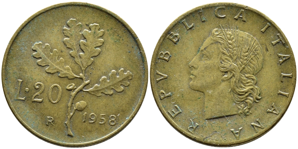 ИТАЛИЯ 20 ЛИР 1958 R ДУБОВАЯ ВЕТВЬ KM 97.1 алюминиевая бронза 4391-1151