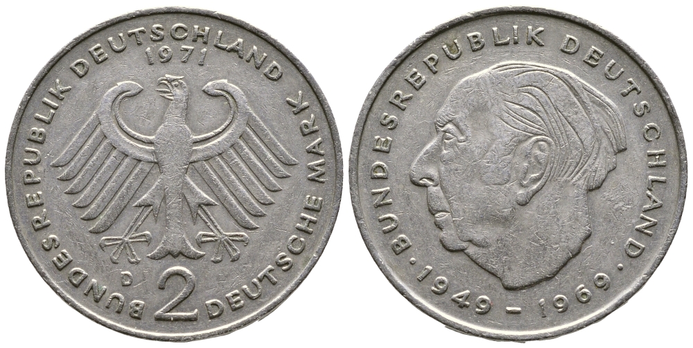 ФРГ 2 марки 1971 D, Теодор Хойс KM 127, J. 407 медно-никель плакированный никелем 47-823