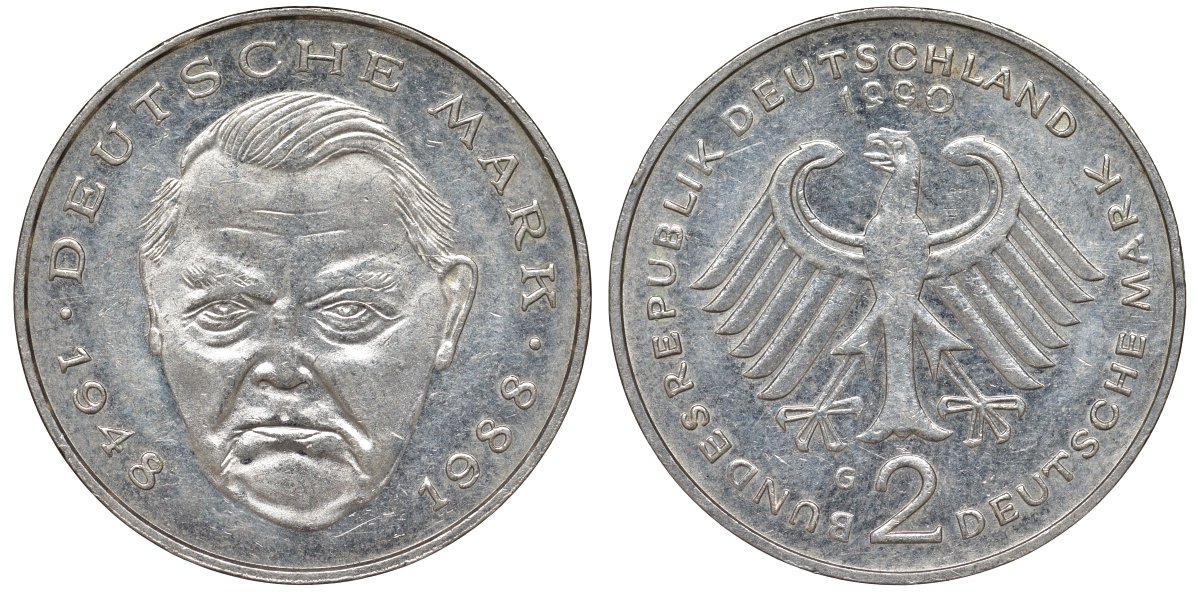 ФРГ 2 марки 1990 G, Людвиг Эрхард, 40 лет Федеративной Республике (1948-1988) KM 170, J. медно-никель 4137-1023