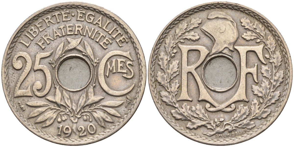 Франция 25 сантимов 1920 KM 867a, Le Franc 171.7 медно-никель 4142-1256
