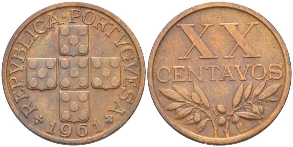 ПОРТУГАЛИЯ 20 СЕНТАВО 1961 KM 584 бронза 4513-1237