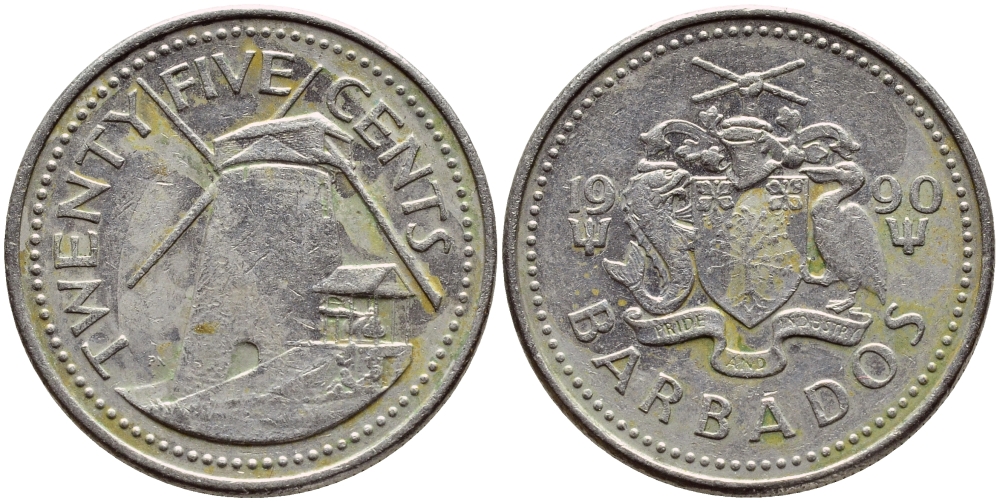 Барбадос 25 центов 1990 ветряная мельница Моргана Льюиса KM 13 медно-никель 4398-427