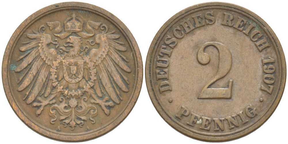 ГЕРМАНИЯ 2 ПФЕННИГА 1907 A KM 16, J. 11, Weege 4 медь 212-332