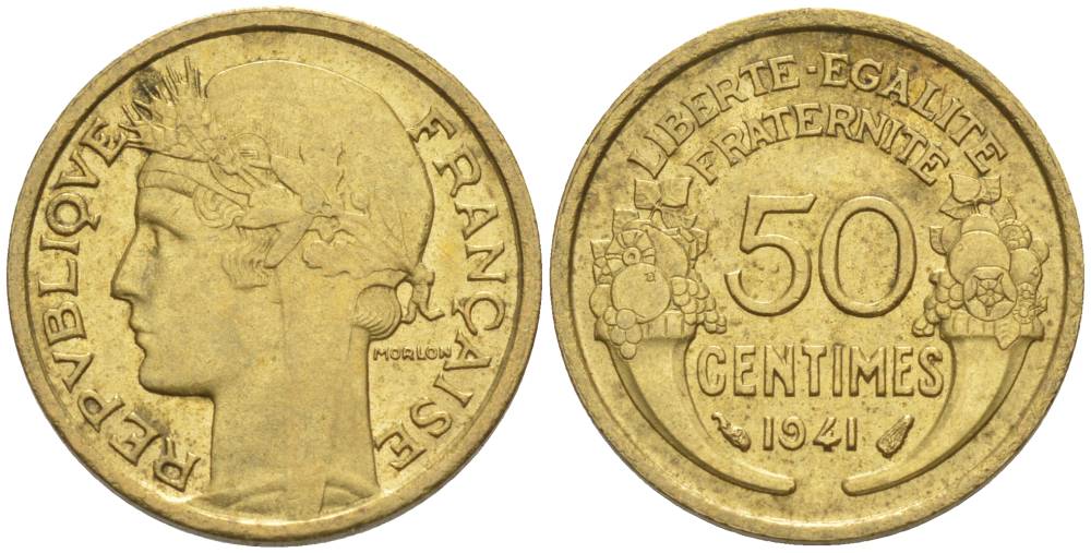 ФРАНЦИЯ 50 САНТИМОВ 1941 ТИП MORLON KM 894.1, LE FRANC 192.18 алюминиевая бронза 44-649