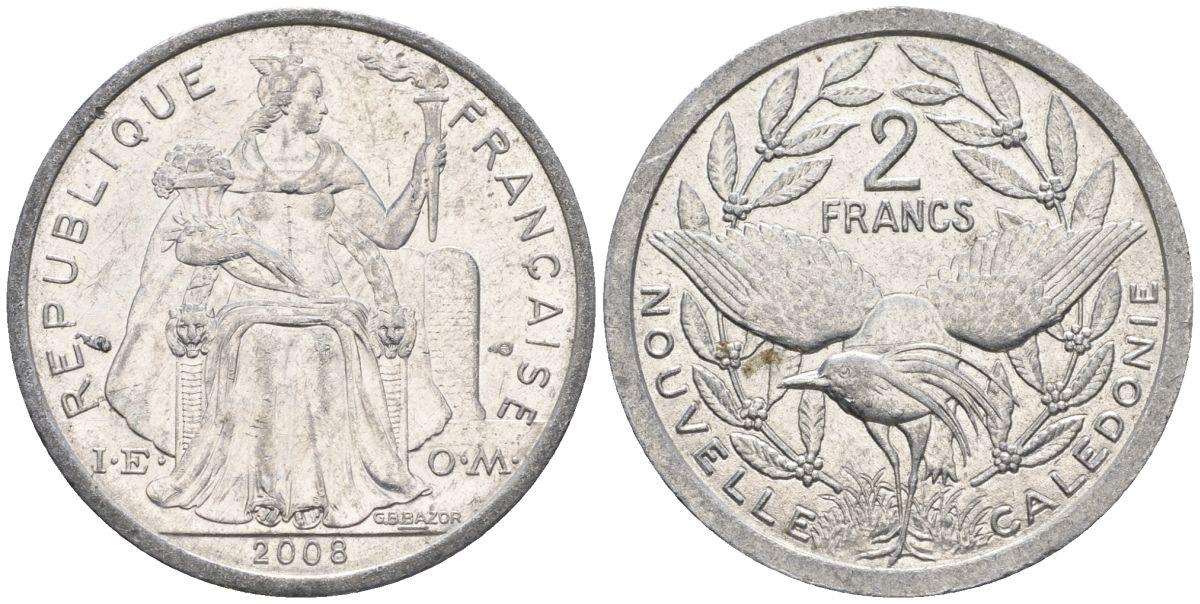 Французская Новая Каледония 2 франка 2008 птица кагу, (IEOM) KM 14, Schoen 11 алюминий    29-254