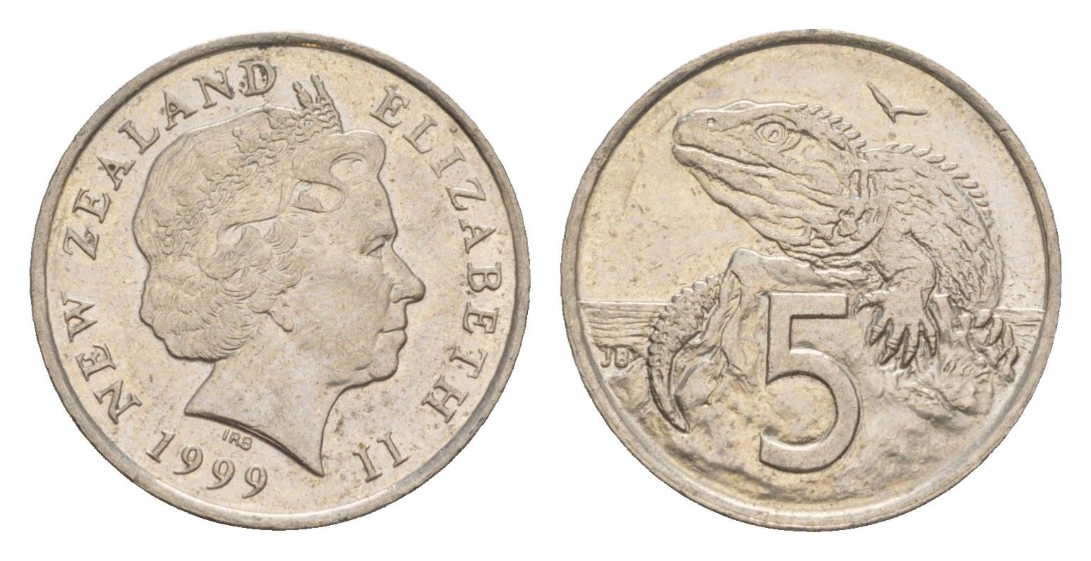 Новая Зеландия 5 центов 1999 Елизавета II (1952-2022), ящерица гаттерия KM 116 медно-никель 4594-1226