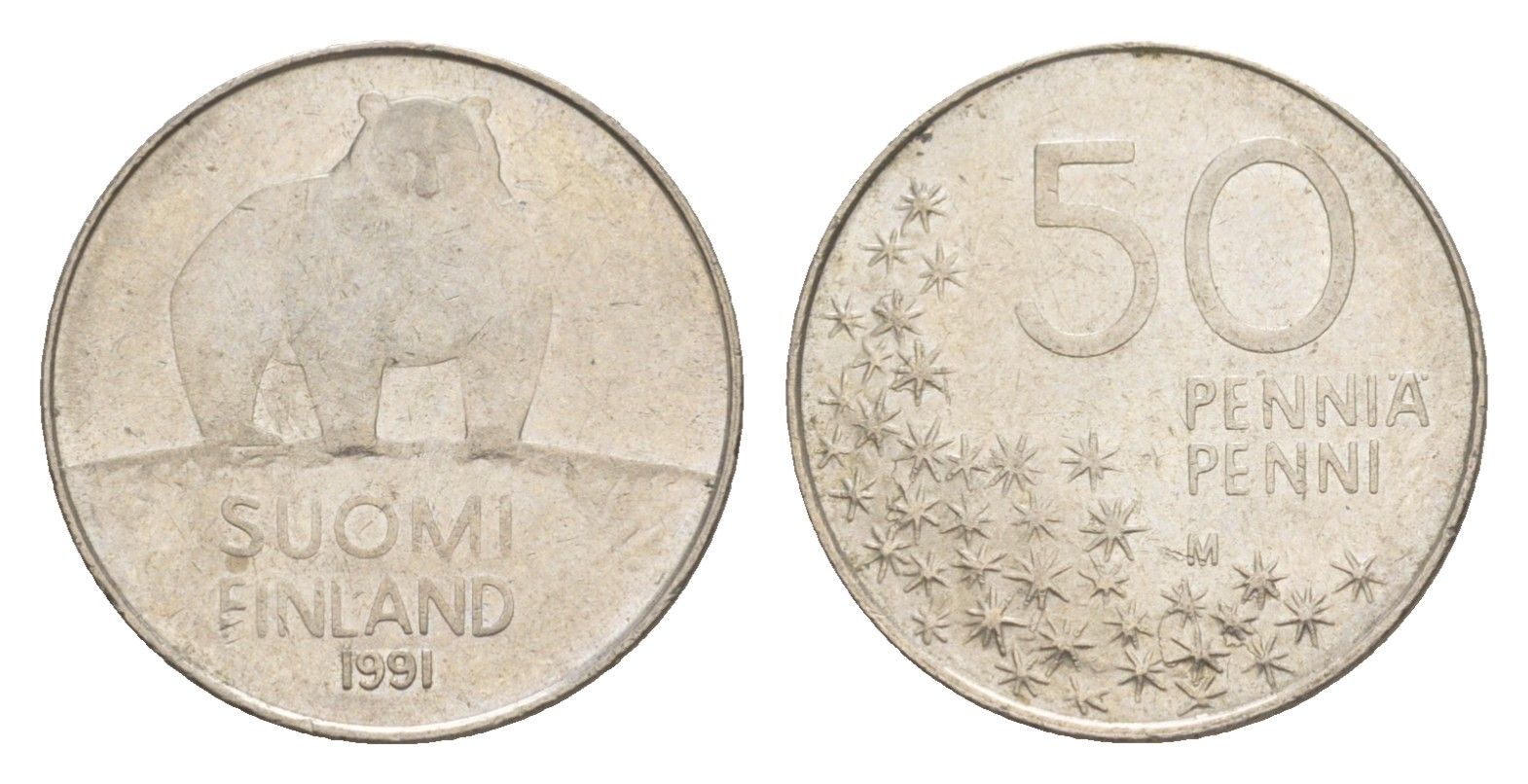 Финляндия 50 пенни 1991 M, полярный медведь KM 66 медно-никель 4647-367