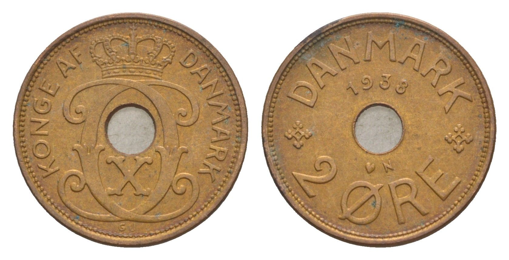 Дания 2 эре 1938 N, Кристиан X (1912-1947) KM 827 бронза 4639-757