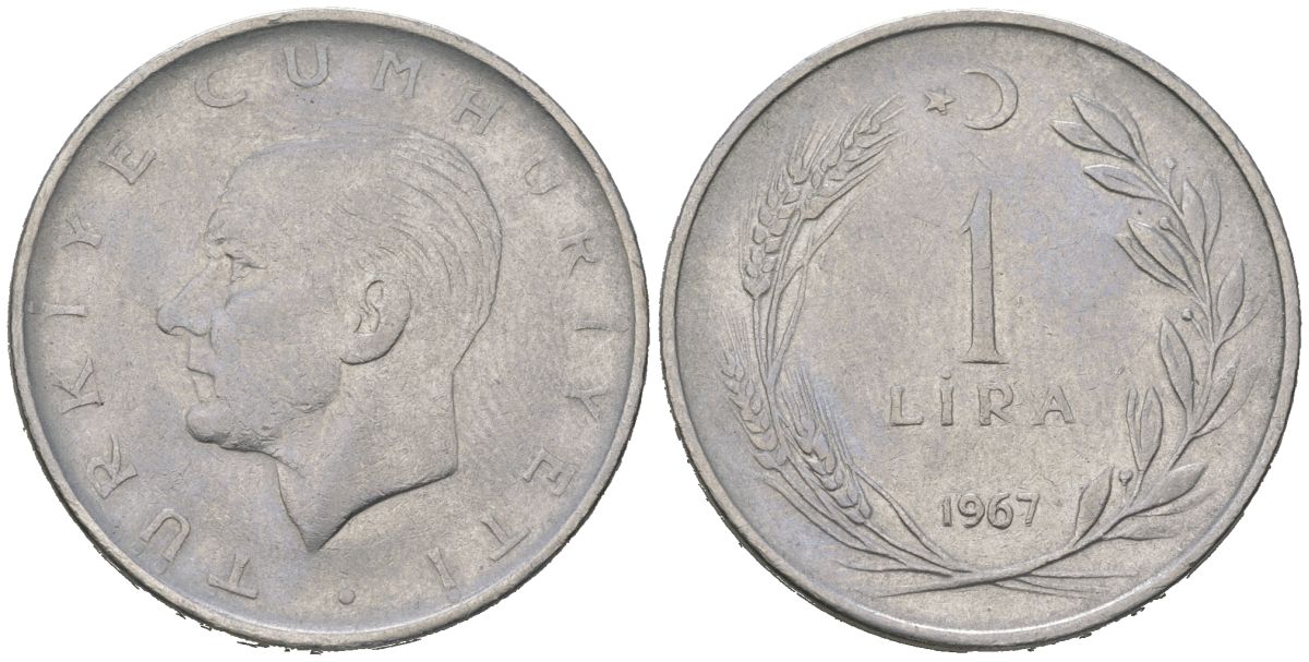 Турция 1 лира 1967 Мустафа Кемаль Ататюрк KM 889a.2 нержавеющая сталь 4584-1023