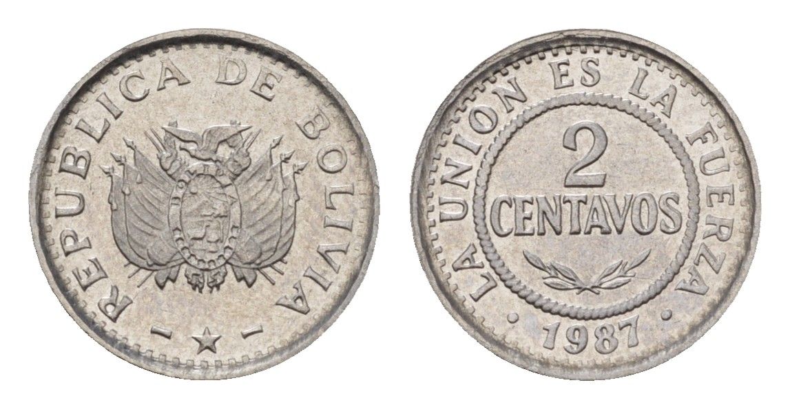 Боливия 2 сентаво 1987 год-тип KM 200 нержавеющая сталь UNC 112-1229