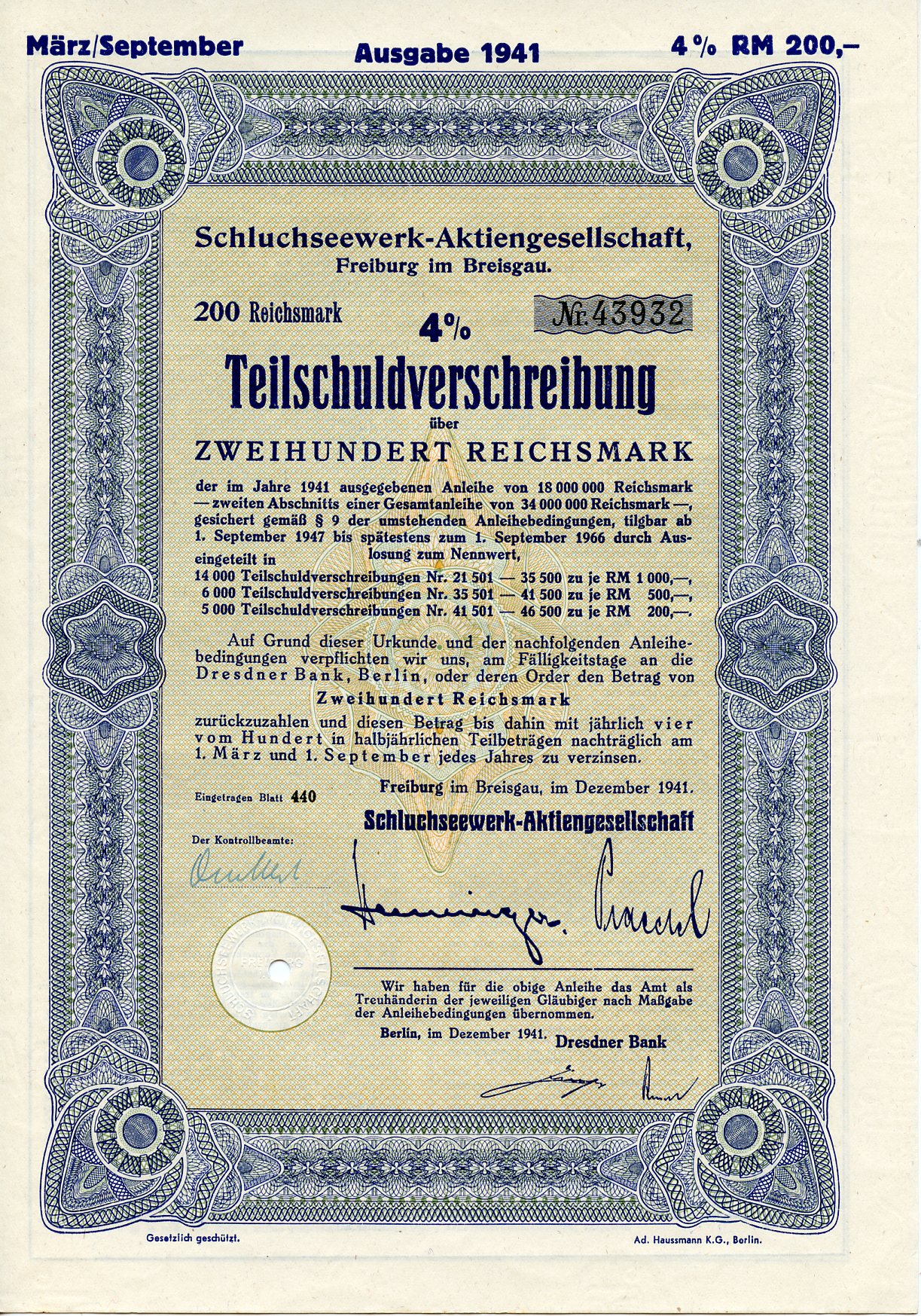 Германия 200 рейхсмарок 1941 АО Schluchseewerk (оператор 5 ГЭС), Фрайбург-им-Брайсгау, 4% -ное частичное обязательство   бумага   8804-77-1