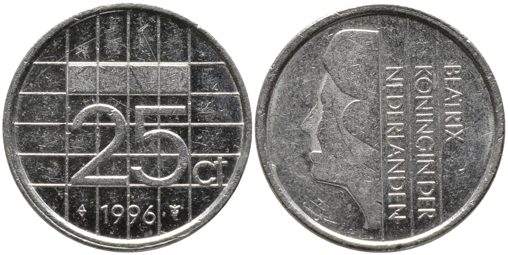 НИДЕРЛАНДЫ 25 ЦЕНТОВ 1996 БЕАТРИКС KM 204 никель 96-1264