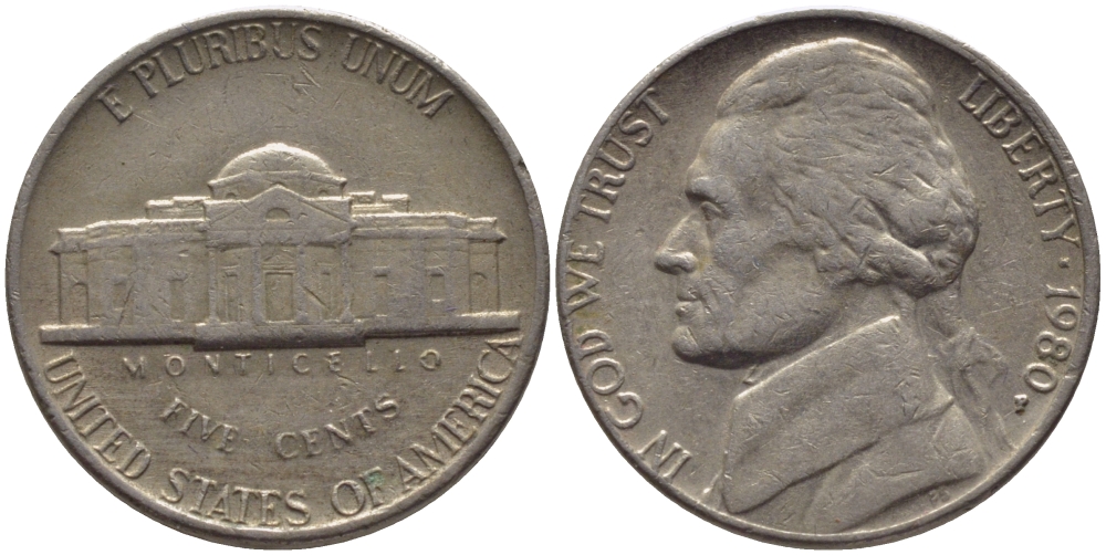 США 5 ЦЕНТОВ 1980 P, ДЖЕФФЕРСОН KM А192 медно-никель 31-641