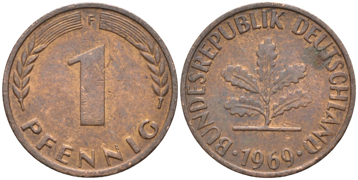ФРГ 1 пфенниг 1969 F KM 105, J.380 сталь плакированная медью 4174-618