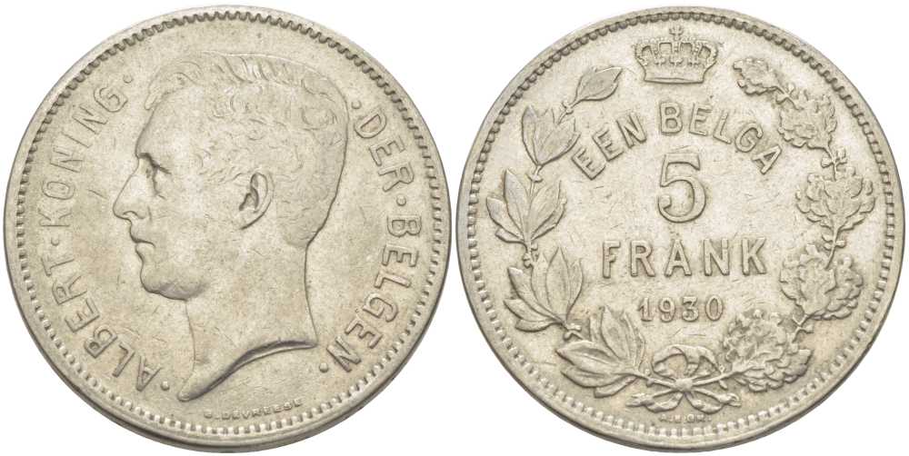 БЕЛЬГИЯ 5 ФРАНКОВ 1930 АЛЬБЕРТ I, DER BELGEN KM 98 никель 3851-322