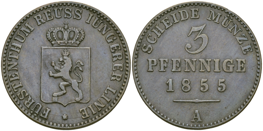 РЕЙС-ШЛАЙЦ 3 ПФЕННИГА 1855 А KM 70 медь 65-735