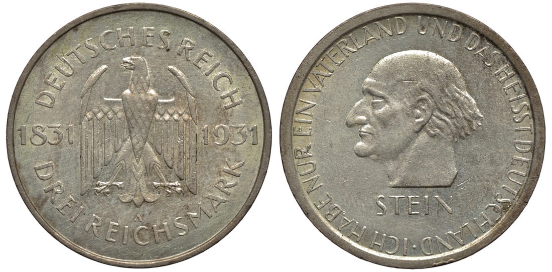 Германия 3 марки 1931 A, 100 лет со дня смерти Генрих Фридрих Карл фон унд цум Штейн J. 348, KM 73 серебро 02-119-44