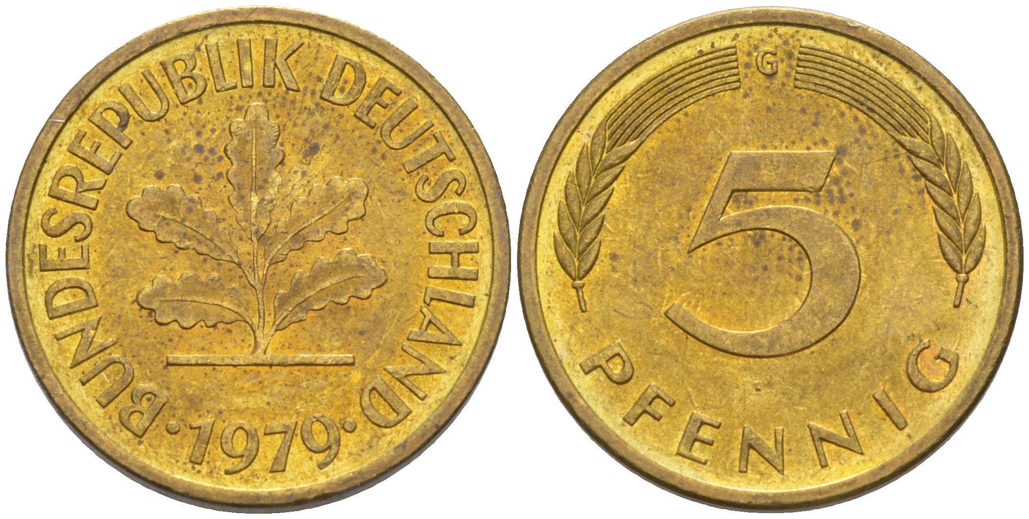 ФРГ 5 пфеннигов 1979 G KM 107, J. 382 сталь плакированная латунью 4514-1016